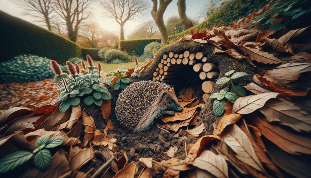 Zeichne mir eine Ecke im Garten mit Laub, wo ein Igel seinen unterschlupf baut. realistic photo of, award winning photograph, 50mm Photography: Landscape. Resolution: 4K (3840x2160).